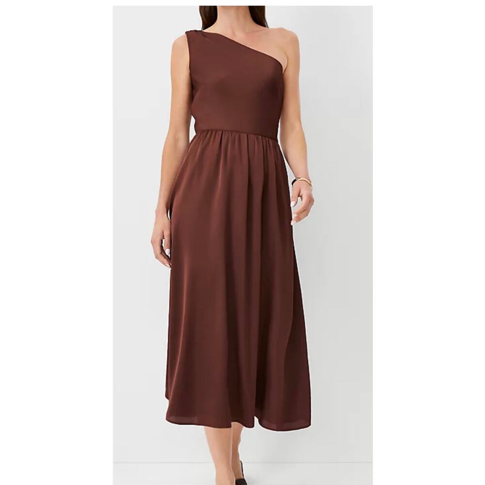 NWT Ann Taylor One Shoulder Flare Midi Dress Brown Stone Size 12 Wedding Guest